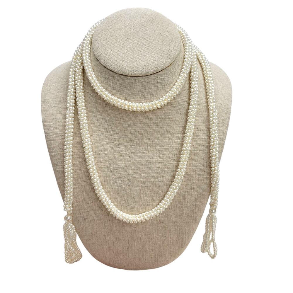 Vintage Faux Pearl Lariat Rope Necklace Woven Beaded Tassel Flapper Wrap 58"